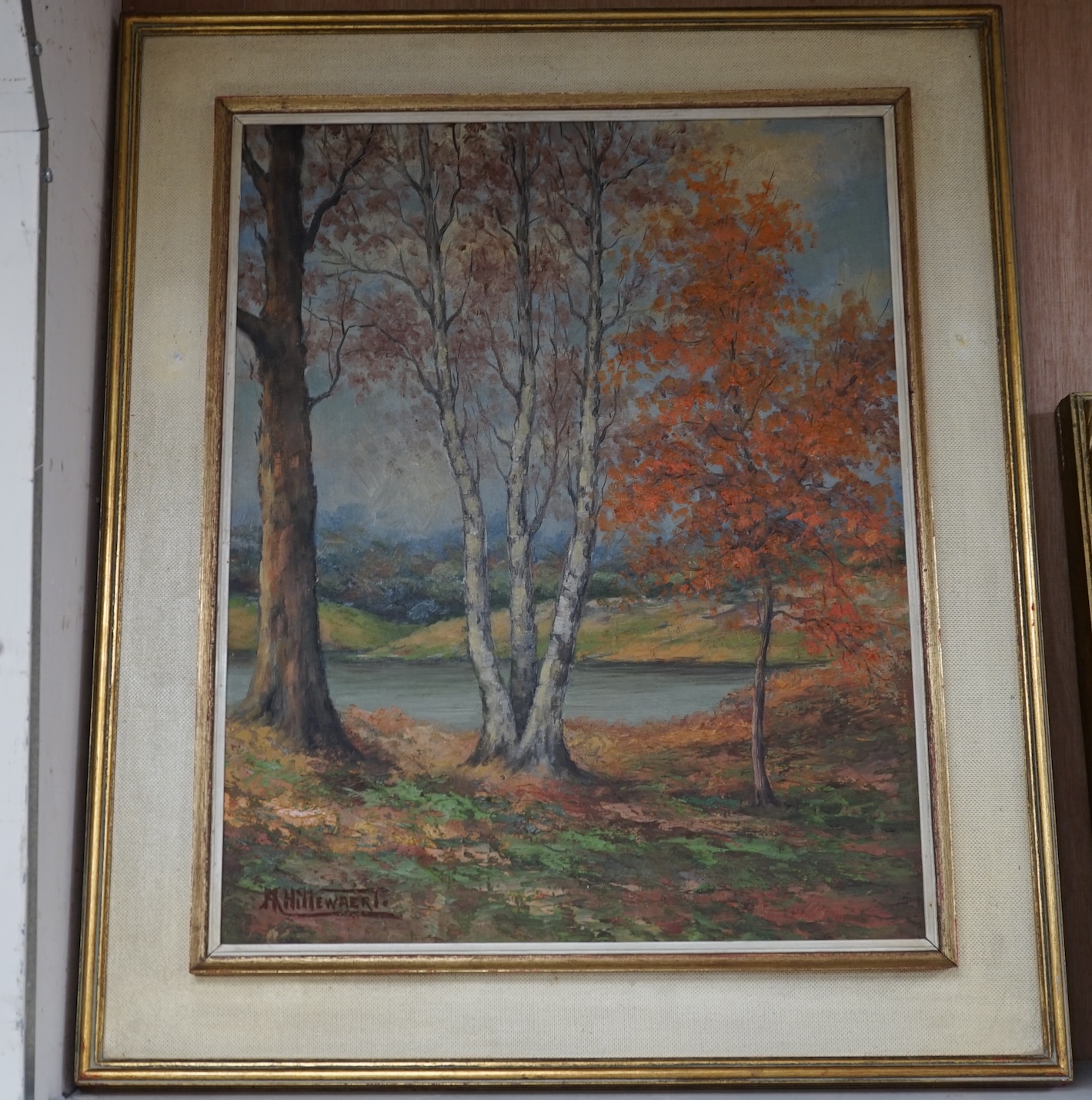 A. H. Hillewaert?, Impressionist oil on canvas, Autumnal wooded landscape, signed, 48 x 38cm. Condition - good, a little dirty